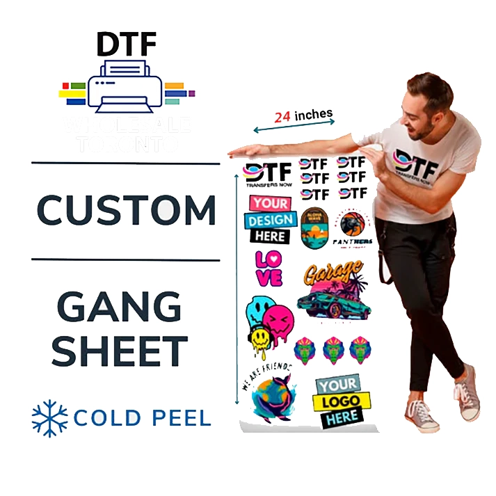 A person holding a sheet of custom DTF (Direct to Film) transfers with various colorful designs and text, indicating the use of a printer for creating these personalized prints.